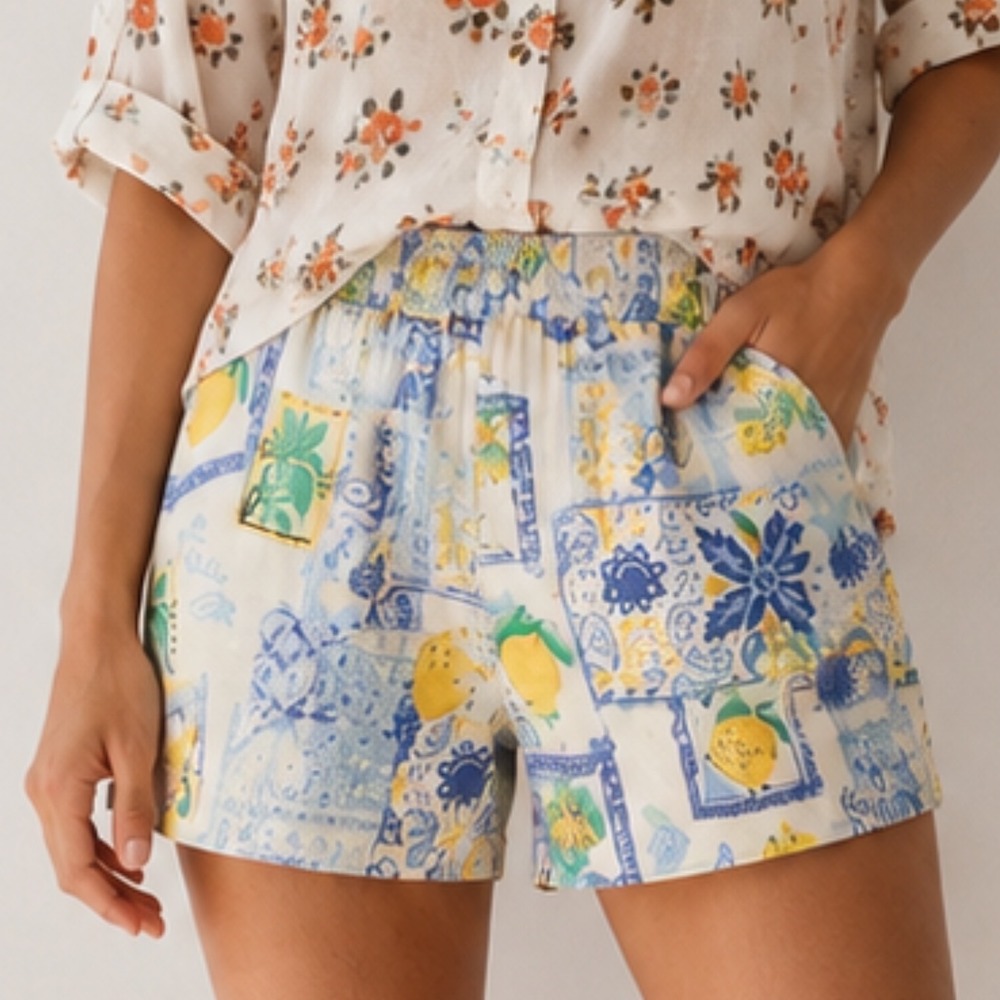 J.Crew Mediterranean Tile Lemon Print Linen Shorts Blue White 4 Summer Vacation